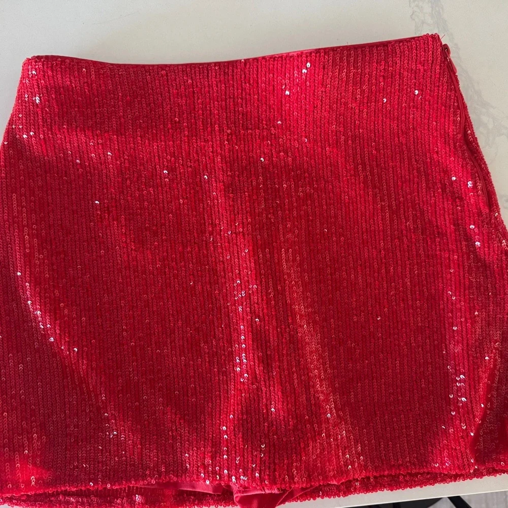 Show Me Your MuMu Shimmering Red Mini Skirt & Oversized Red Satin Button Blouse - Picture 2 of 7